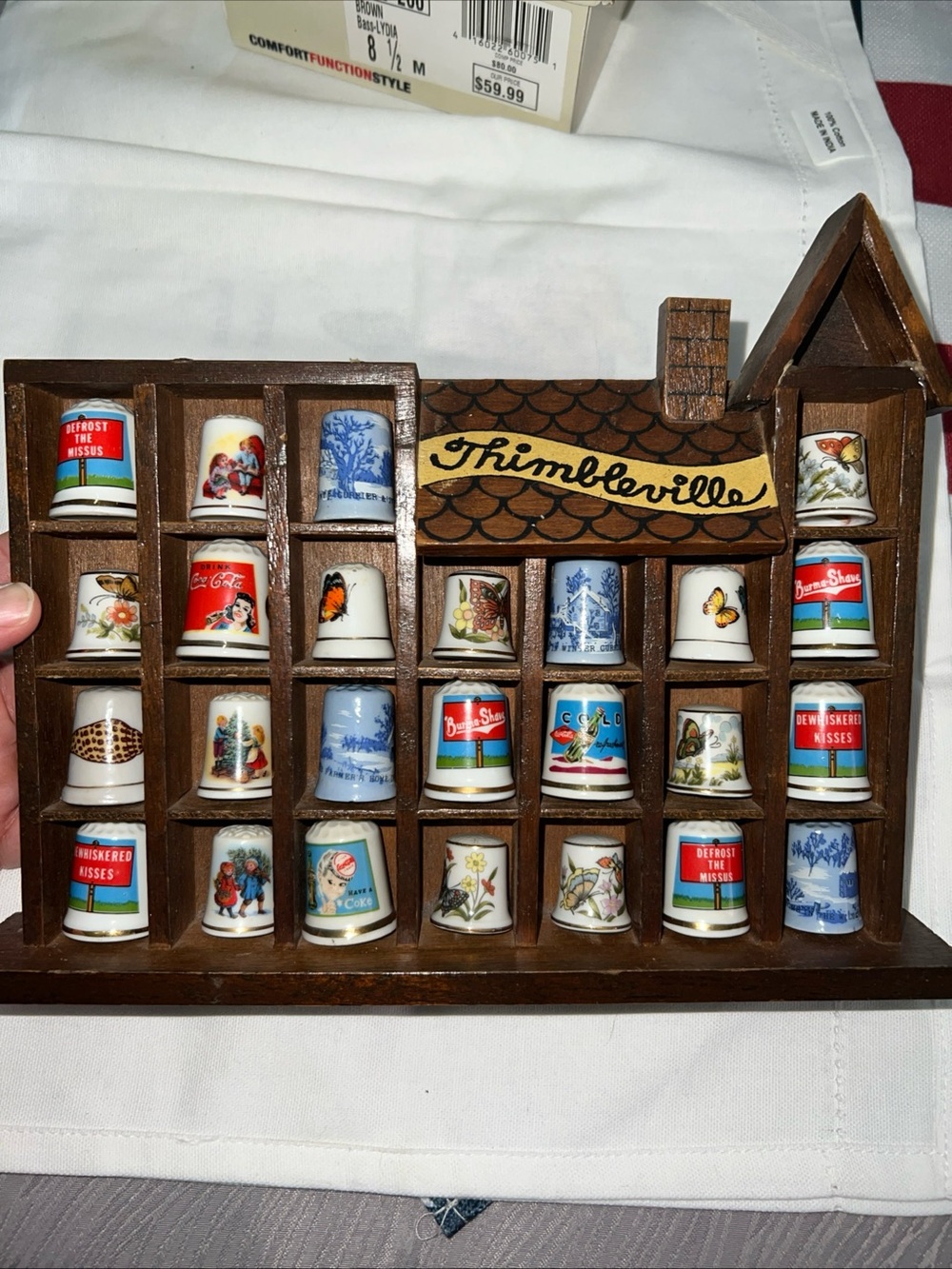 Vintage Wooden Thimble Display Case 25 Collectible Thimbles Coca-Cola, Avon